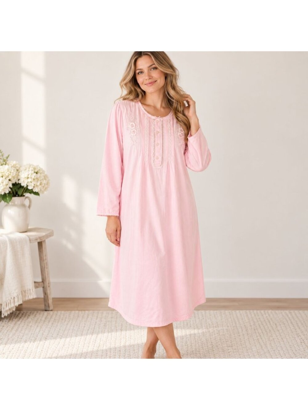 Miss Elaine Pink Embroidered Nightgown Size M Long Sleeve Floral Yoke Sleepwear